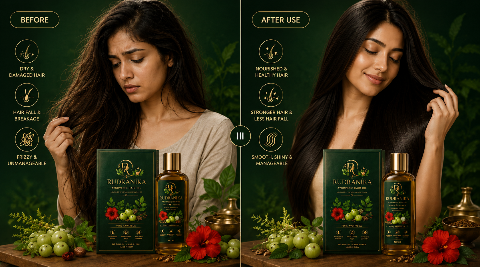 Before and After using Rudranika Ayurvedic Hair Oil