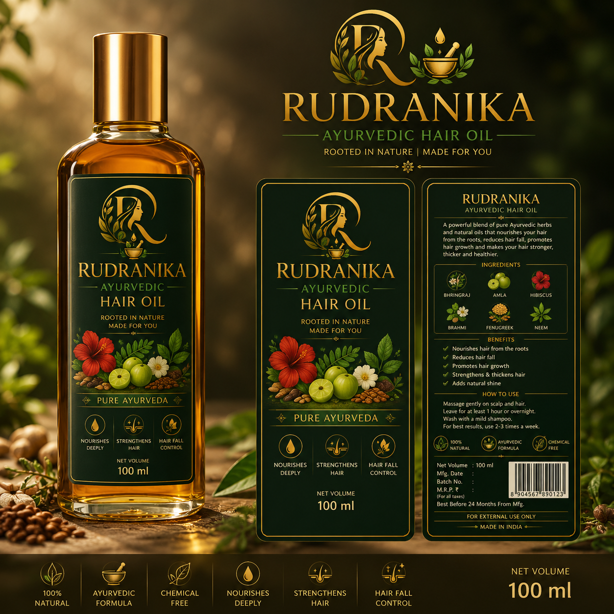 Rudranika Ayurvedic Hair Oil - 100ml bottle with label details
